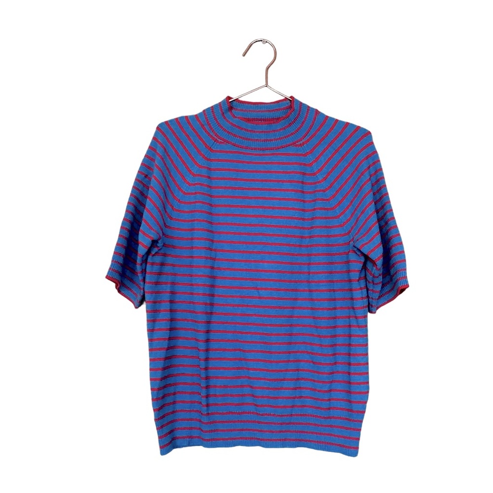 Ann Taylor Blue and Pink Striped Short-Sleeve Turtleneck Sweater